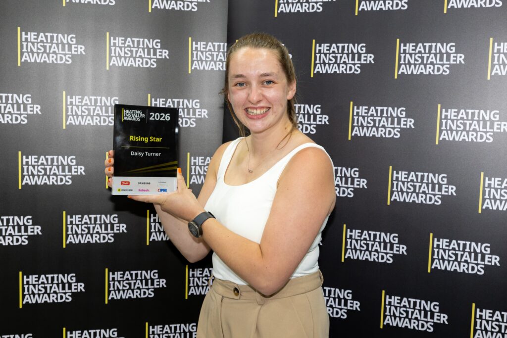 Daisy Turner holding her Heating Installer Awards 2026 Rising Star award