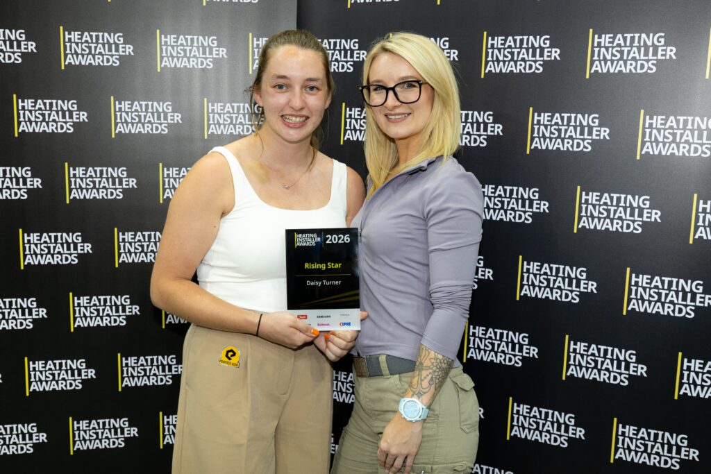 Daisy Turner with Jessica Rose at the Heating Installer Awards 2026 Installer Awards group photo at InstallerSHOW